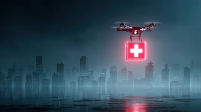 Medical AI integrated with data visualization, A drone carrying a red medical box hovers over a misty cityscape, innovative healthcare solutions in urban environments