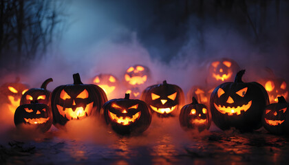 Glowing jack-o'-lanterns with various eerie expressions in a misty and spooky Halloween night scene