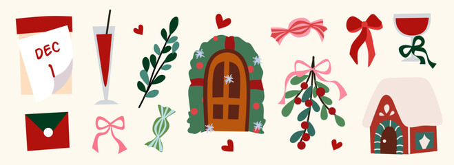 Set of Christmas hand drawn creative elements. Xmas abstract icons in cartoon style. Mistletoe, wine, letter, candy and holiday decoration. Modern vector flat Illustration. Merry Christmas set.