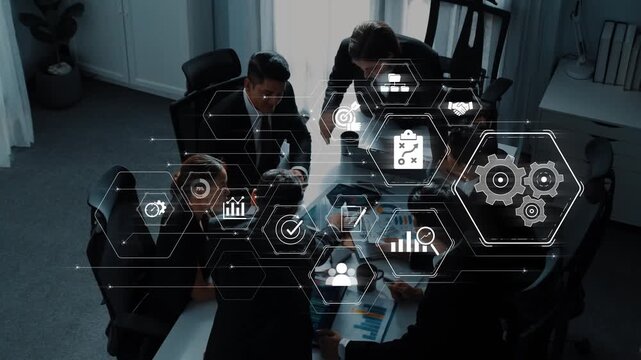 Dynamic business team engaged in collaboration in an office setting, utilizing technology and data analytics to enhance productivity and make informed decisions. Raster - Powered by Adobe