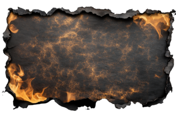 Burnt paper edges with flames captured during intense heat revealing scorched details in the background