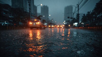 City Street at Night Du Heavy Rain with Wet Road Reflection and Moving Vehicles Creating a Moody Urban Atmosphere