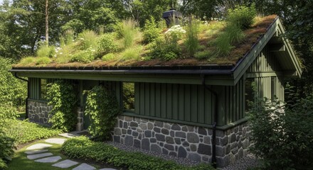 Sustainable House with Lush Green Roof and Stone Foundation, Blending into a Verdant Forest Landscape