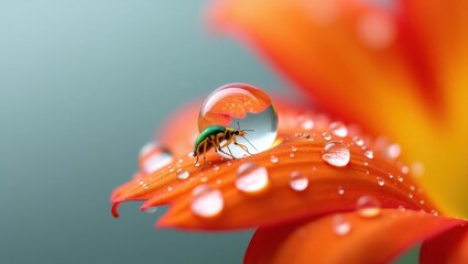 Tiny insect reflected in a dewdrop on an orange flower petal