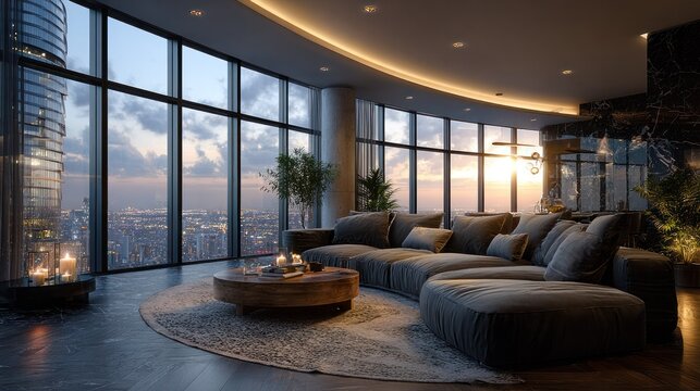 Luxurious modern high-rise apartment living room with panoramic city view at sunset featu spacious seating area and stylish decor in elegant contemporary design