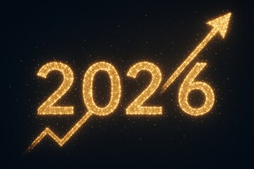 Shimmering 2026 Year with Sparkling Arrow Indicating Growth and Progress in Dark Background