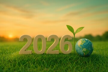 New Year 2026 Concept with Green Plant Growth and Earth in Natural Setting at Sunset