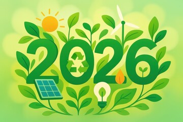 Eco-Friendly Illustration of Year 2026 with Symbols of Sustainability and Renewable Energy