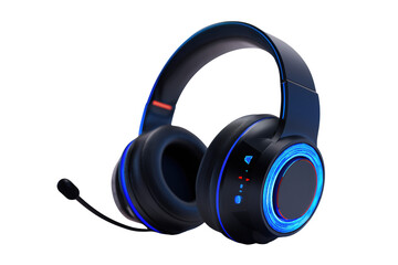 Dark blue gaming headphones with glowing blue and red accents isolated on a transparent background audio