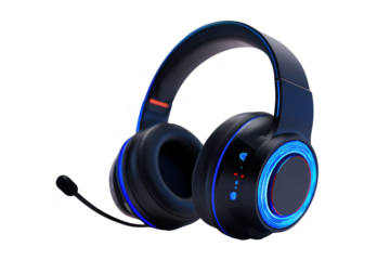 Dark blue gaming headphones with glowing blue and red accents isolated on a transparent background audio