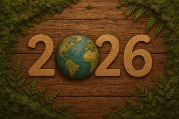 Earth Globe Surrounded by Greenery and the Year 2026 on a Wooden Background for Eco Awareness