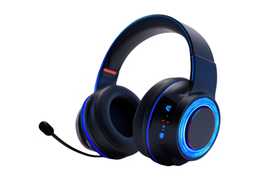 Dark blue gaming headphones with glowing blue and red accents isolated on a transparent background audio