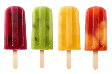 Colorful fruit popsicles arranged on sticks displaying a variety of flavors for a refreshing treat during warm summer days