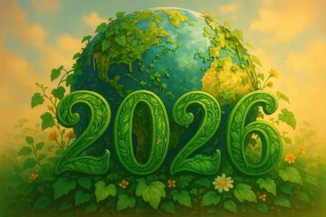Green World Concept 2026 with Earth and Leaves, Symbolizing Nature and Sustainability Themes