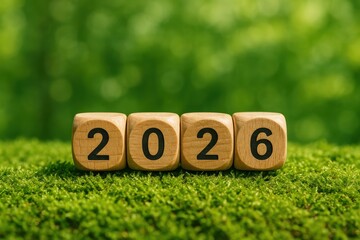 Wooden cubes displaying the year 2026 on a lush green background in nature setting
