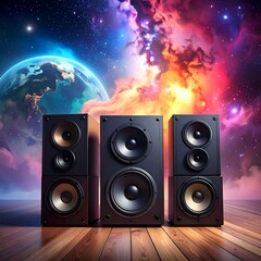 Space-themed speakers on wooden floor