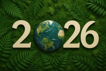 Earth and Nature Theme with Numbers Representing Year 2026 Surrounded by Greenery and Plants