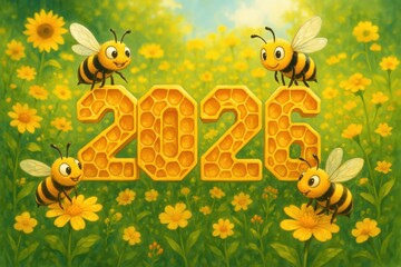 Cute Bees Gather Around Honeycomb Numbers in Floral Meadow Celebrating Year 2026