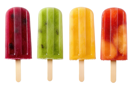 Colorful fruit popsicles arranged on sticks displaying a variety of flavors for a refreshing treat during warm summer days