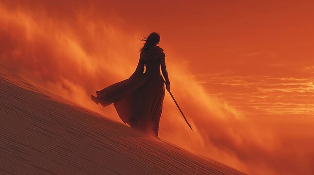 Lone female warrior atop a sand dune at sunset, wind blowing her robes and hair, holding a futuristic polearm. Fiery sky, dramatic silhouette. Strength, solitude, resilience.