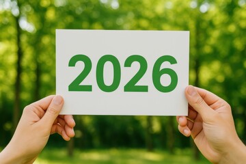 Hands Holding Sign with Green Number 2026 in Natural Outdoor Setting Surrounded by Trees