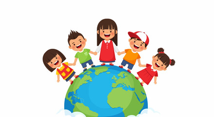 Illustration of diverse children holding hands around a globe, symbolizing unity and global friendship.
