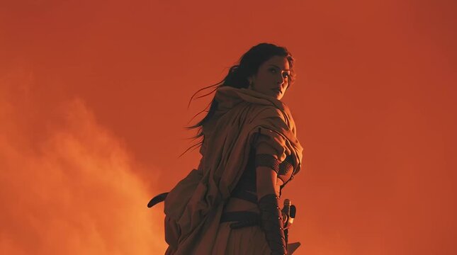 Lone female warrior atop a sand dune at sunset, wind blowing her robes and hair, holding a futuristic polearm. Fiery sky, dramatic silhouette. Strength, solitude, resilience.