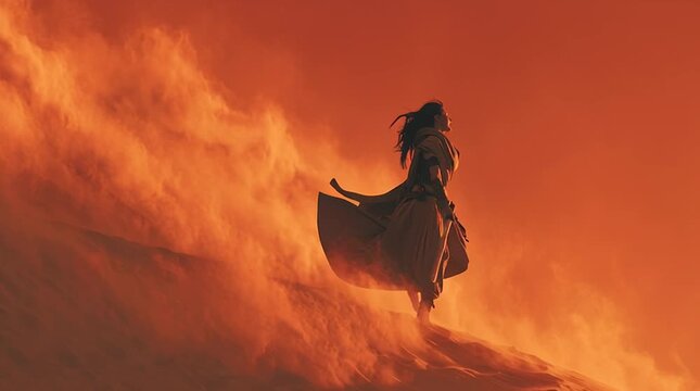 Lone female warrior atop a sand dune at sunset, wind blowing her robes and hair, holding a futuristic polearm. Fiery sky, dramatic silhouette. Strength, solitude, resilience.
