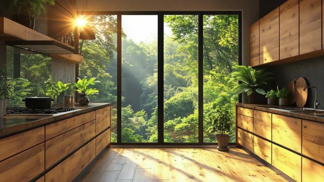 Airy kitchen featuring wood cabinets, green plants, and a forest view