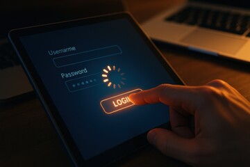 Digital Login Interface with Username and Password Input on Tablet Device in Dark Environment