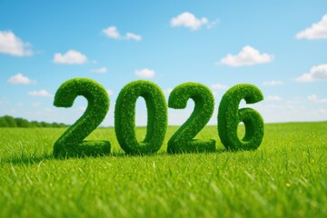 Green Grass Numbers Representing the Year 2026 Set Against a Bright Blue Sky and Field