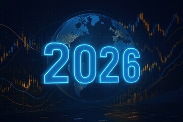 Futuristic Digital Representation of a Blue Earth Globe and Year 2026 in Financial Context