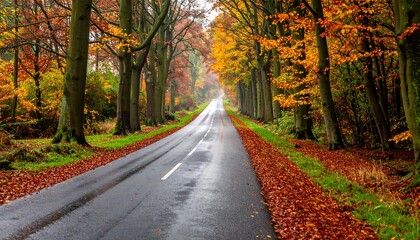 Naklejka premium Road lined with trees ablaze in autumn hues, wet asphalt reflects light