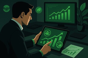 Business Professional Analyzing Growth Trends with Tablet and Graphs in Dark Office Setting