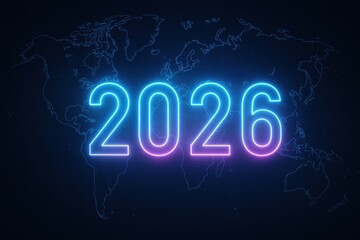 Glowing Neon 2026 Text on Dark World Map Background for Modern Digital Design