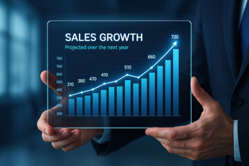 Sales Growth Chart Displayed by Businessman Projecting Future Trends and Positive Performance