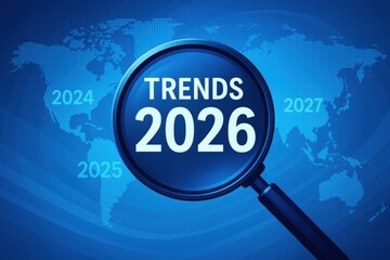 Future Trends Analysis for 2026 with Magnifying Glass on World Map Background