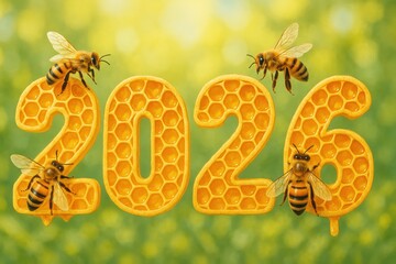 Honeycomb Pattern with Bees Representing the Year 2026 in a Bright Natural Setting
