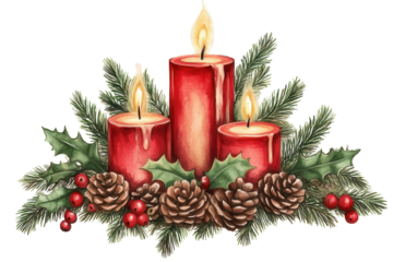 Festive arrangement of Christmas candles with holly, pinecones, and vibrant greenery on a cozy holiday table