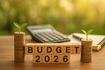 Budgeting Strategies for 2026 with Coins, Calculator, and Green Plants in a Financial Concept