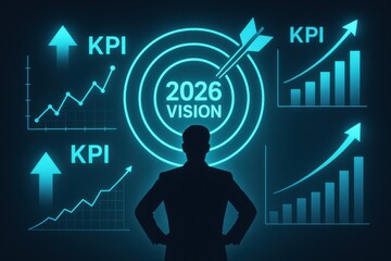 Businessman Analyzing Future Trends and Key Performance Indicators for 2026 Vision Strategy