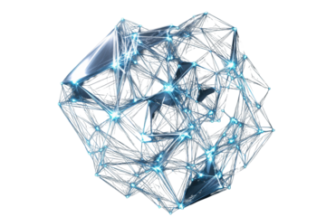 Luminescent poly matrix design showcasing intricate connections and glowing nodes in a dark background with a sense of depth and dimension