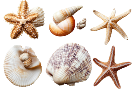 Collection of seashells and starfish arranged together in a detailed display showcasing unique textures and colors found in coastal environments