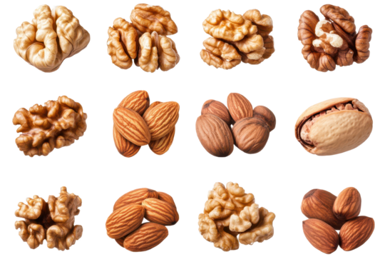 Variety of nuts including walnuts and almonds arranged in a pleasing pattern showcasing their textures and colors for a healthy snack option