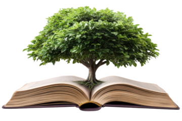 Lush green tree emerges from open book symbolizing knowledge, growth, and the connection between nature and learning in a serene setting