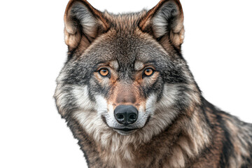 Close up view of a gray wolf showcasing its sharp features and intense gaze in a neutral setting, displaying the beauty of wildlife during an overcast day