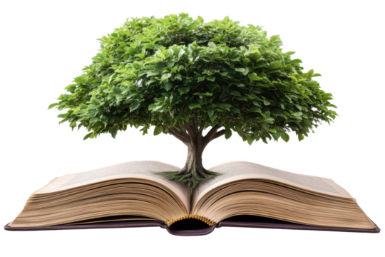 Lush green tree emerges from open book symbolizing knowledge, growth, and the connection between nature and learning in a serene setting