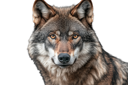 Close up view of a gray wolf showcasing its sharp features and intense gaze in a neutral setting, displaying the beauty of wildlife during an overcast day