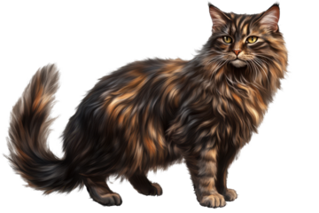 Wise elder druid cat stands isolated on a transparent background showcasing its majestic fur and alert expression