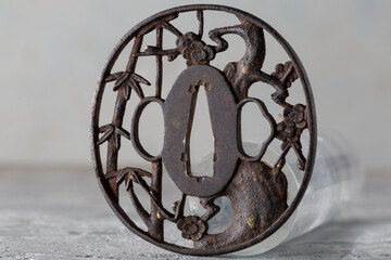 Tuba Samurai Katana Toshingu Japanese Edo Iron Tsuba with Bamboo Plum Design